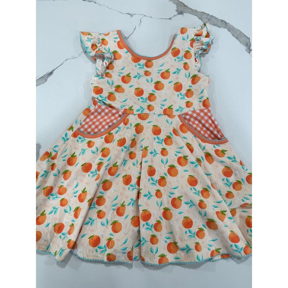Serendipity Shrimp and Grits Kids Orange Fruit Print Dress Gingham Pockets 4T-5T